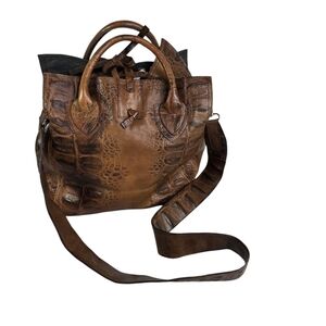 LET & HER brown croc embossed leather cross tie purse